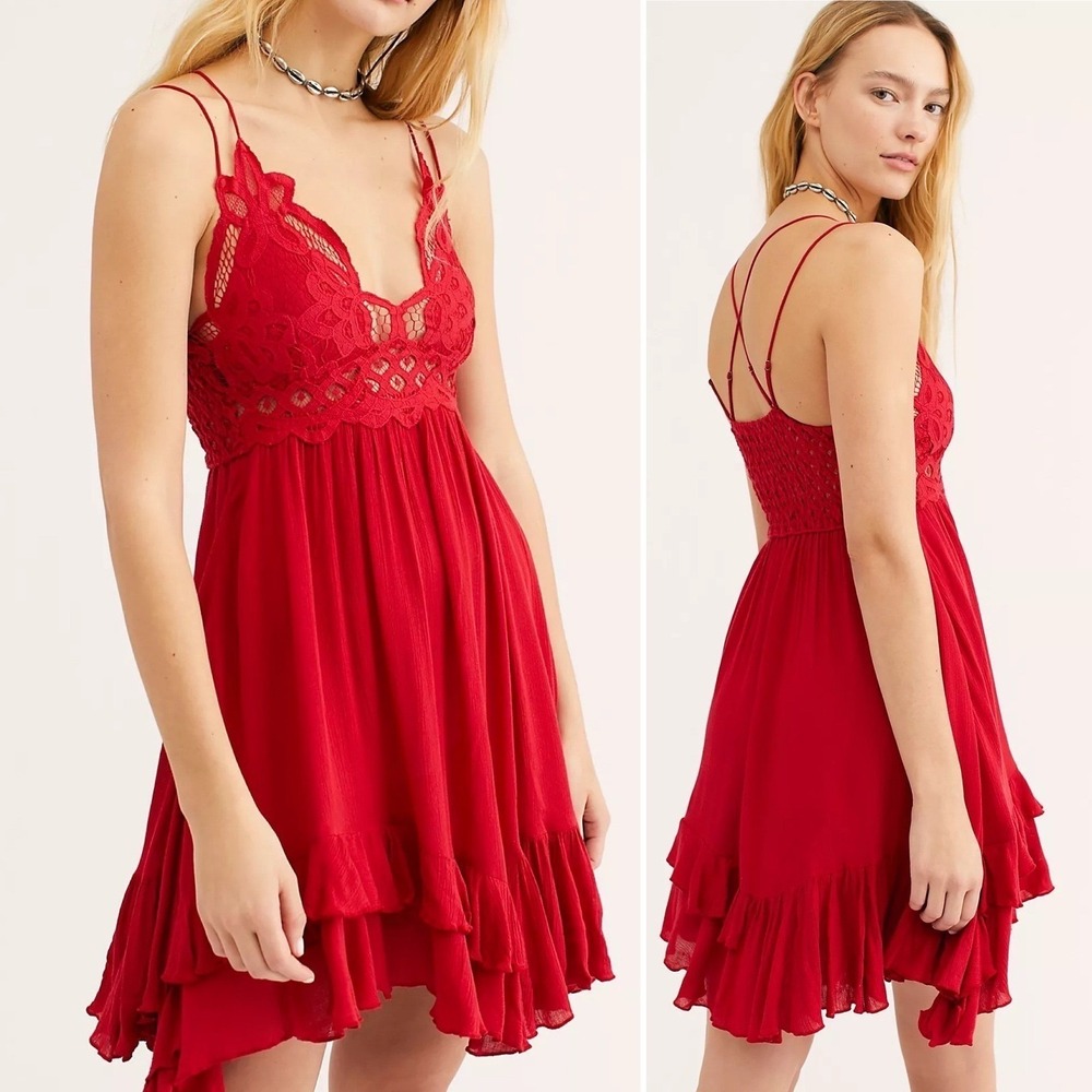 Free People‎ FP One Adella Slip Dress Red Lace Boho Mini Dress Fairycore